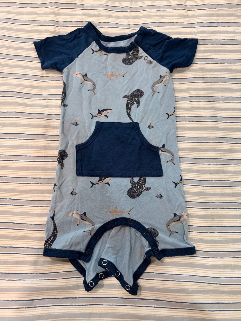 Kyte BABY Light Blue & Navy Shark Print Short-Sleeve Romper Pajamas